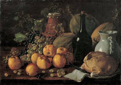 Stillleben mit Äpfeln, Trauben, Melonen, Brot, Krug und Flasche von Luis Menendez or Melendez